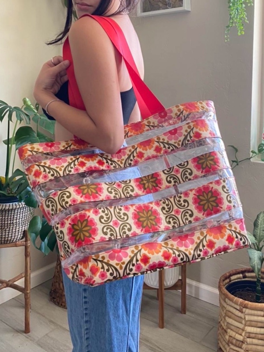 Large Floral Pattern Tote Bag with Red Straps